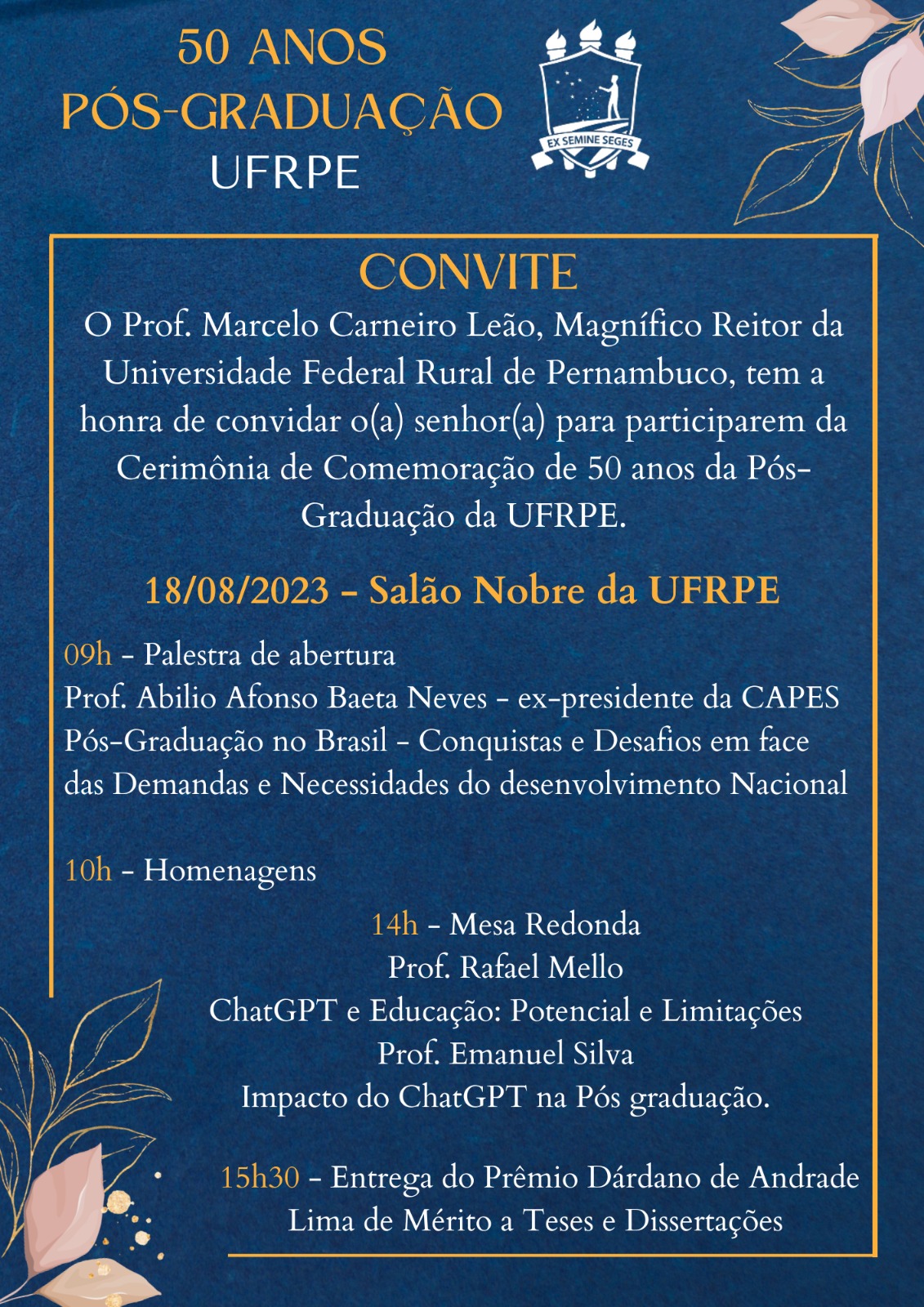 convite para a comemoração dos 50 anos da Pós-Graduação UFRPE